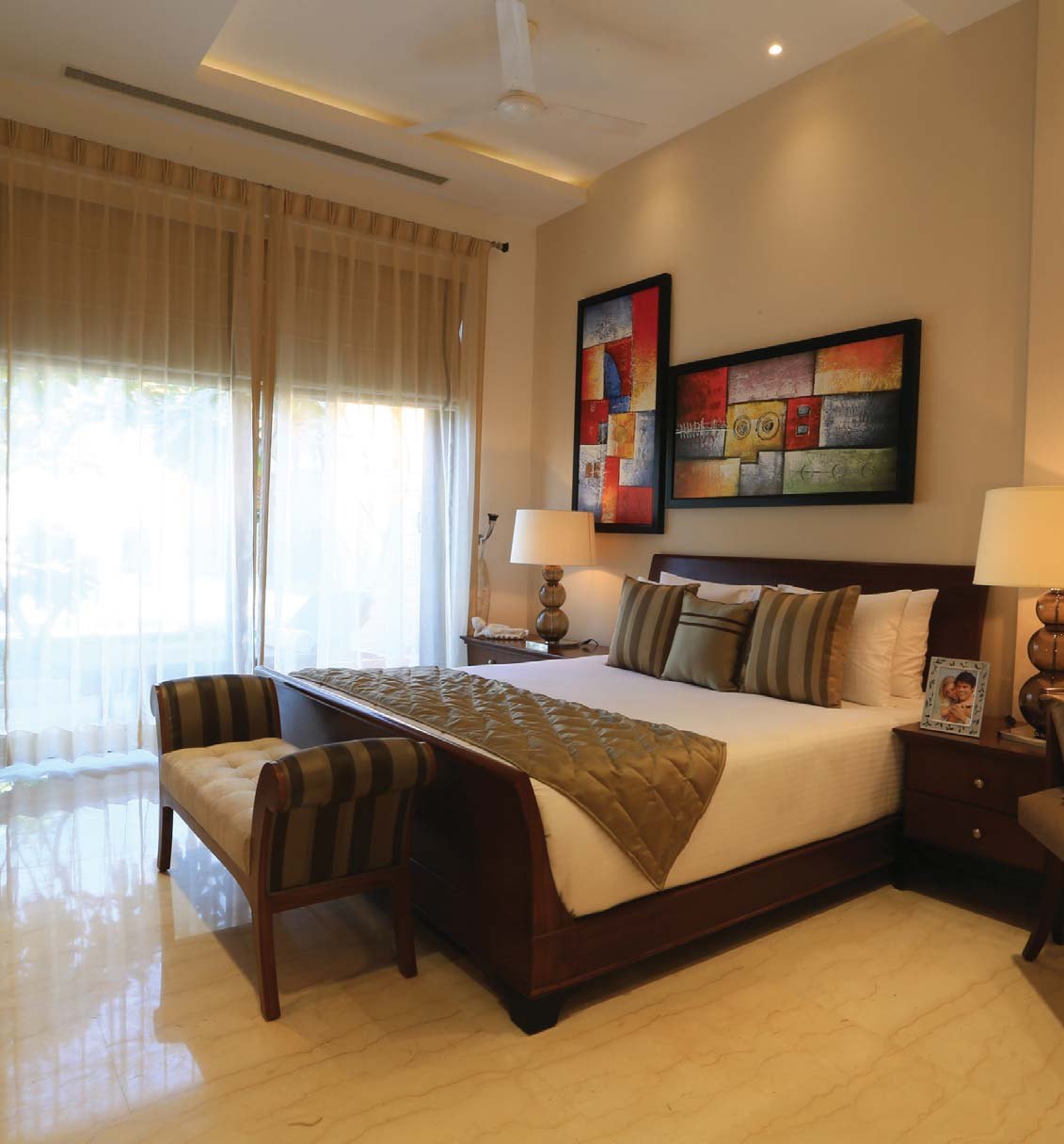 Bedroom in the sample flat with marble flooring