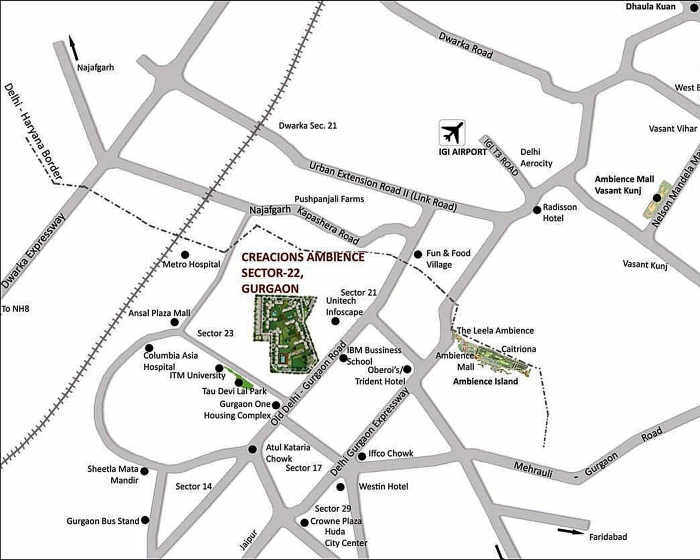 Location map of Ambience Creacions, Sector 22, with Dwarka Expressway, the Delhi&ndash;Gurgaon Expressway, IGI Airport and Ambience Mall