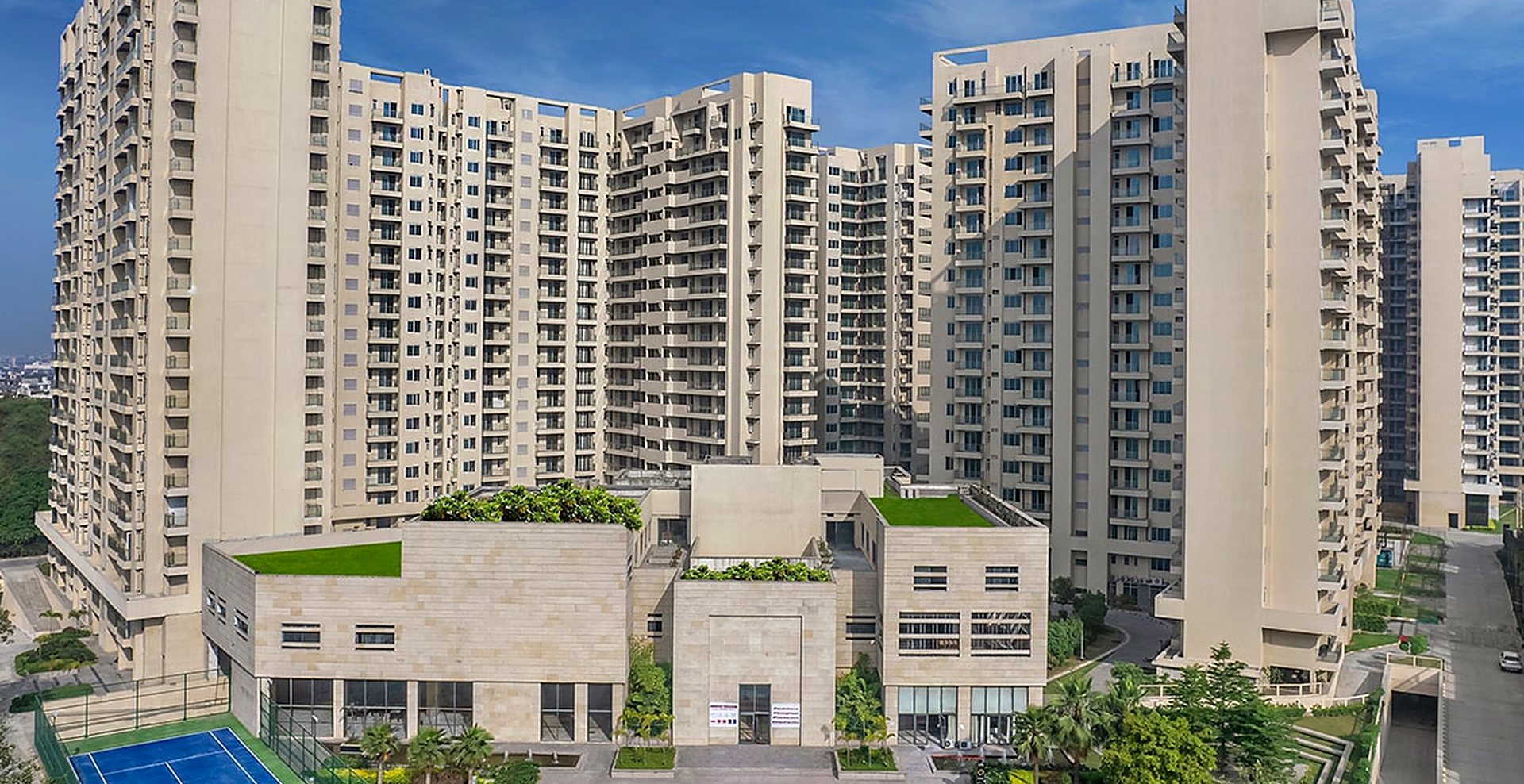 The club building with the towers rising behind (actual image)