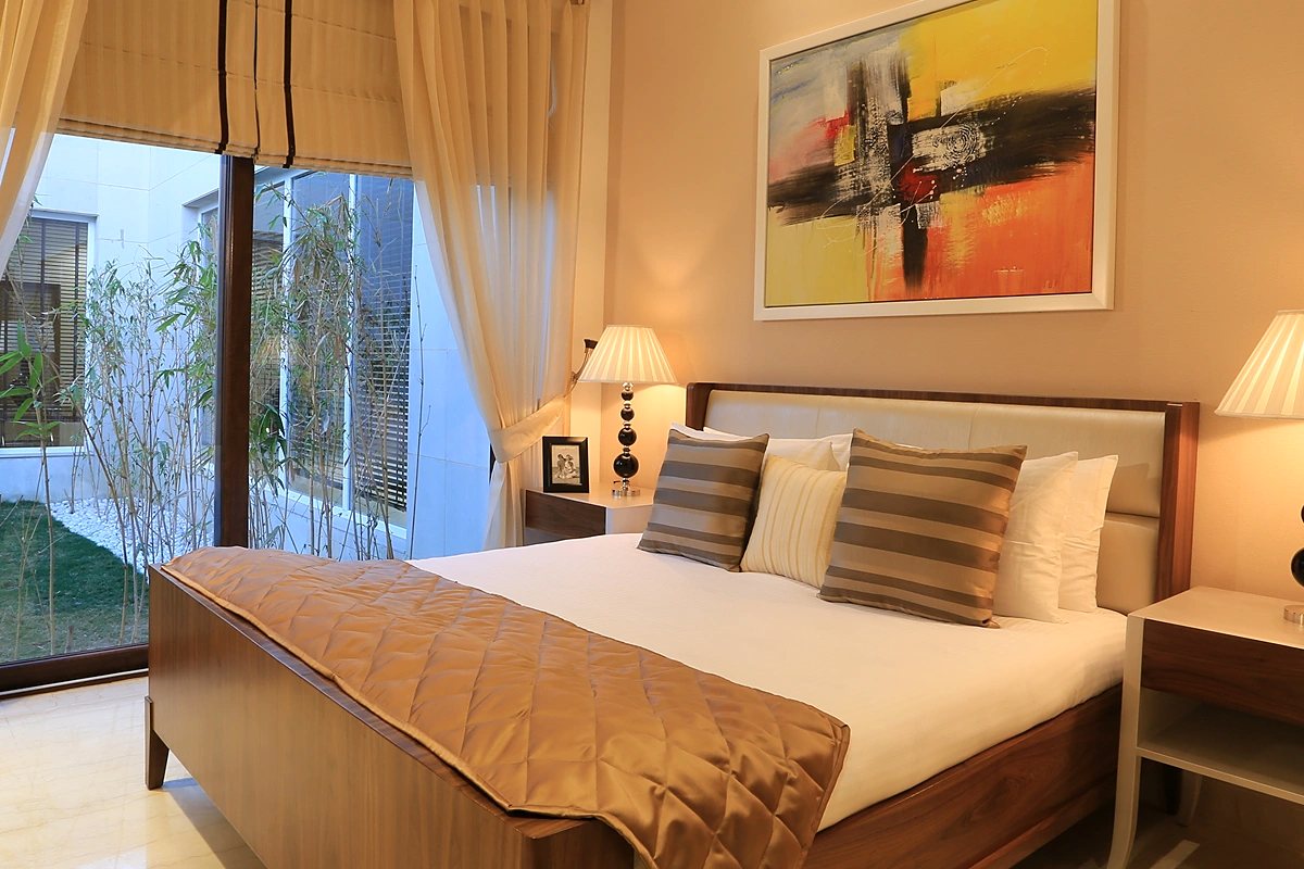 Bedroom with garden views in the Ambience Creacions sample flat