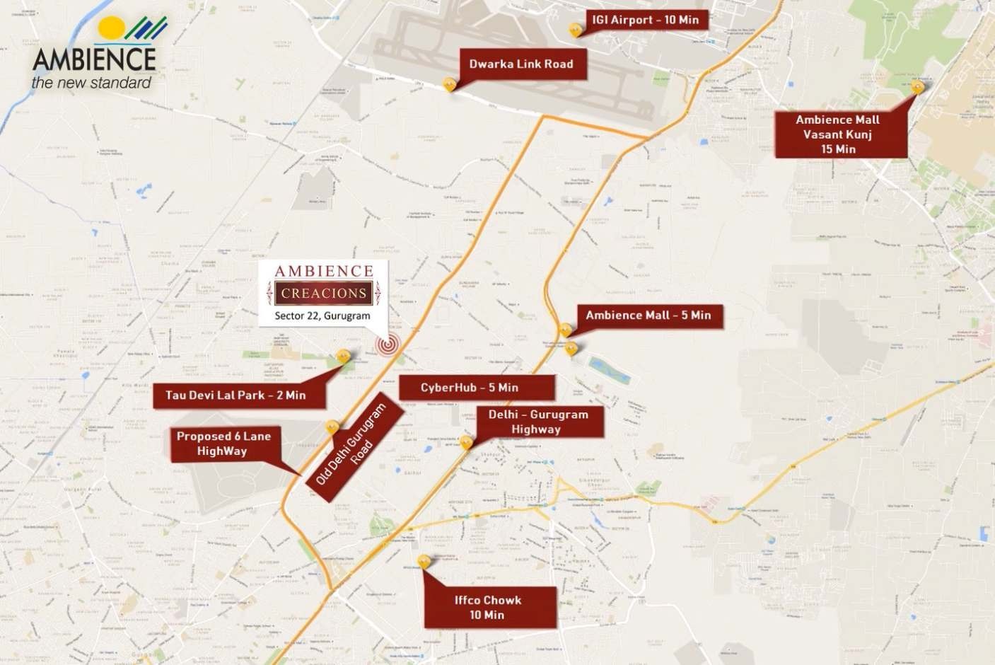 Location map of Ambience Creacions, Sector 22 Gurugram, with Ambience Mall, The Leela Ambience, Unitech Infospace and the Delhi&ndash;Gurgaon Expressway