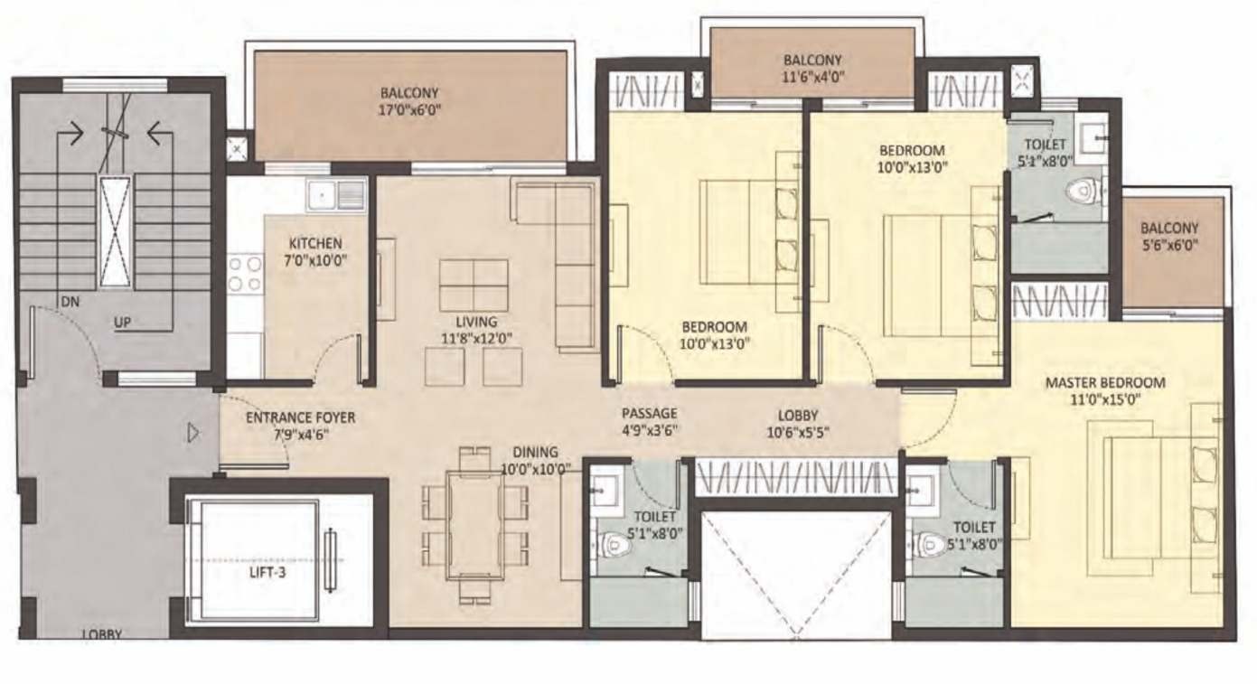 3 bedroom apartment plan, 1,860 sq. ft. super area